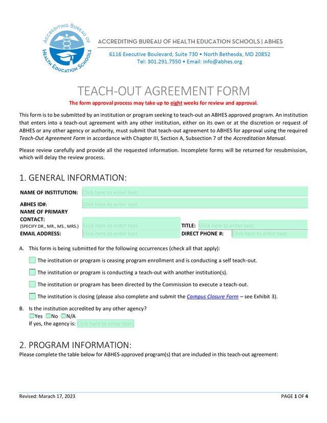 TEACH OUT AGREEMENT FORM screenshot