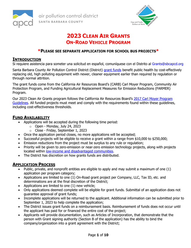 2023 Clean Air Grants On Road Vehicle Program screenshot