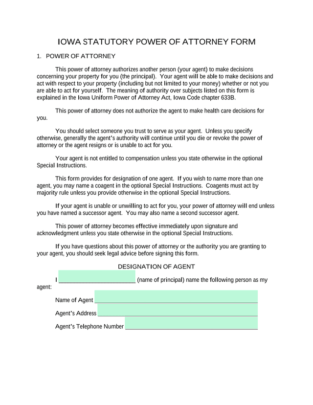 Iowa Statutory Power Of Attorney Form screenshot