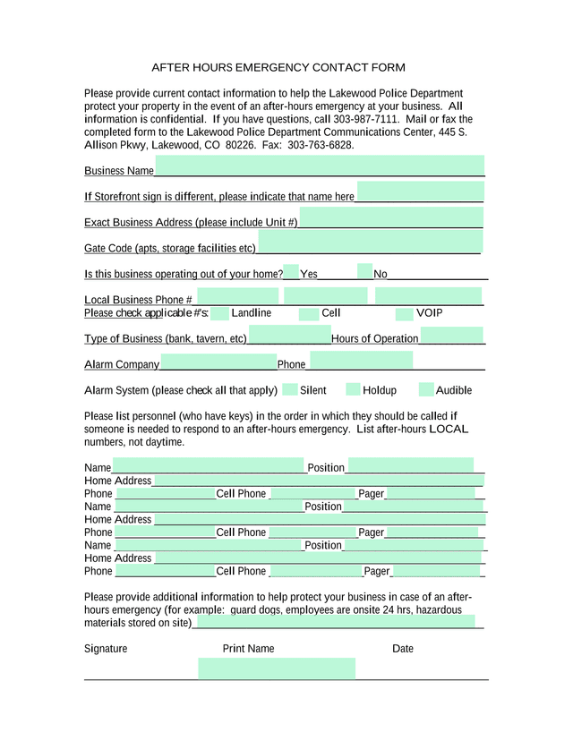 After Hours Emergency Contact Form screenshot