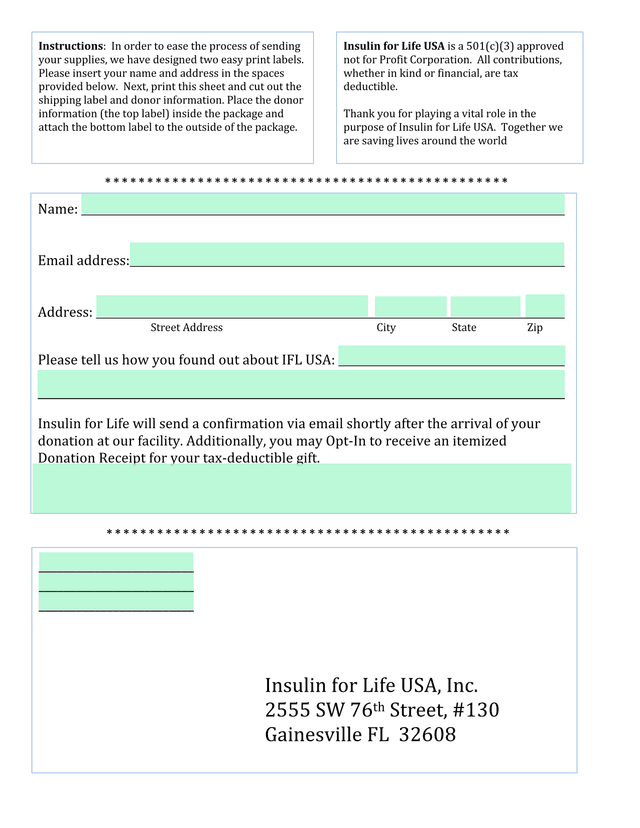 Insulin For Life USA Donation Form screenshot