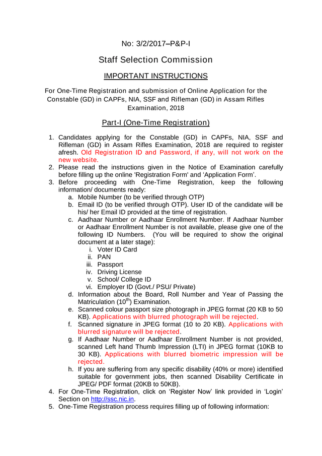Staff Selection Commission   Constable (GD) Examination 2018 Registration Instructions screenshot