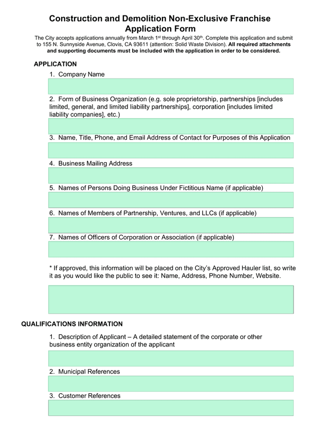 Construction And Demolition Non Exclusive Franchise Application Form screenshot