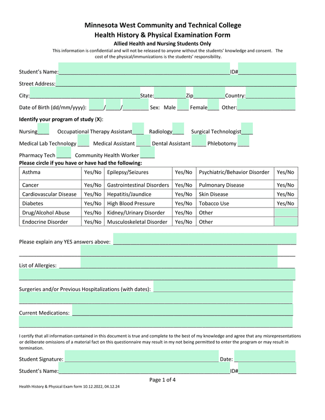 Health History  Physical Exam Form screenshot