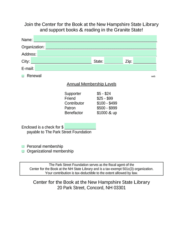 Center For The Book Membership Form screenshot
