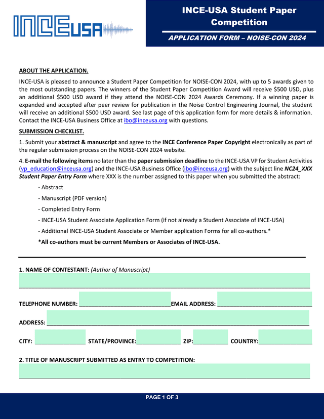 INCE USA Student Paper Competition APPLICATION FORM  NOISE CON 2024 screenshot