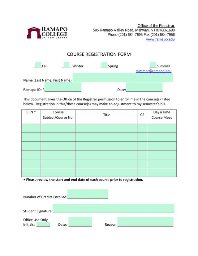 Course Registration Form screenshot
