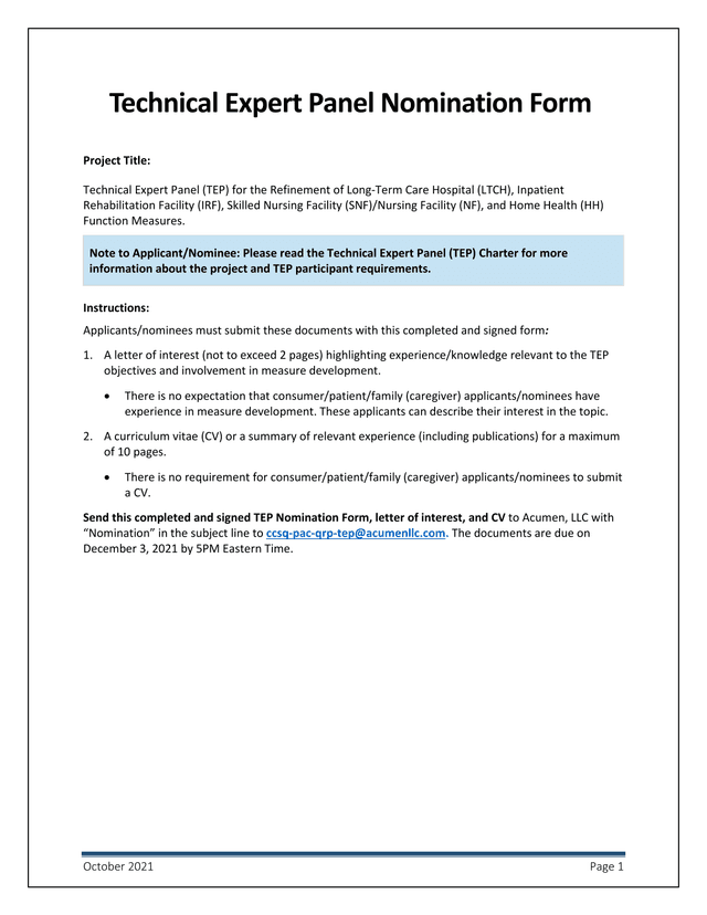Technical Expert Panel Nomination Form screenshot
