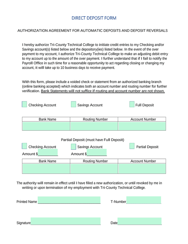 Direct Deposit Form screenshot