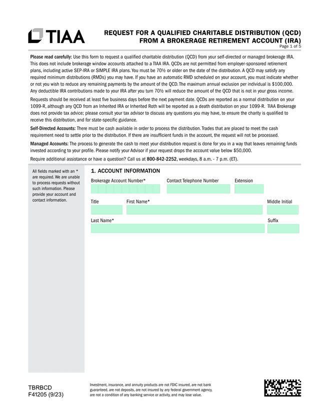 REQUEST FOR A QUALIFIED CHARITABLE DISTRIBUTION (QCD) FROM A BROKERAGE RETIREMENT ACCOUNT (IRA) screenshot