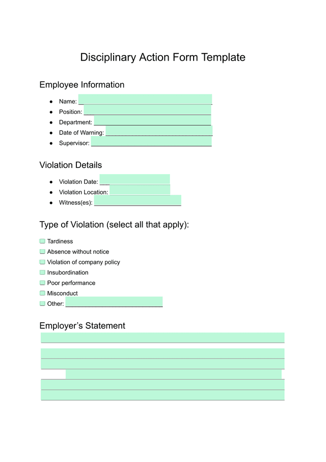 Disciplinary Action Form Template screenshot