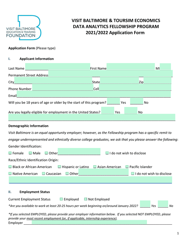 VISIT BALTIMORE  TOURSIM ECONOMICS DATA ANALYTICS FELLOWSHIP PROGRAM Application Form screenshot