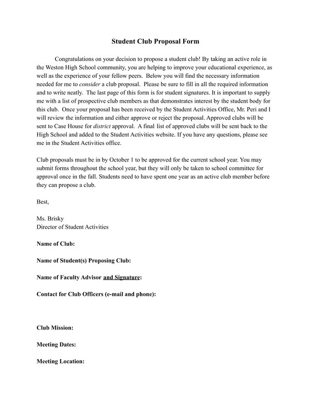 Student Club Proposal Form screenshot