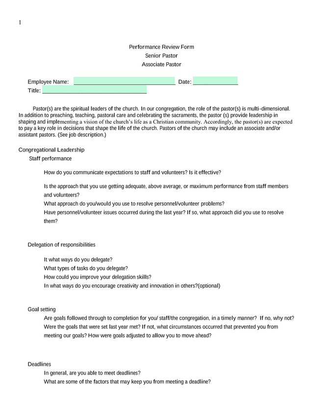Performance Review Form   Senior Pastor  Associate Pastor screenshot