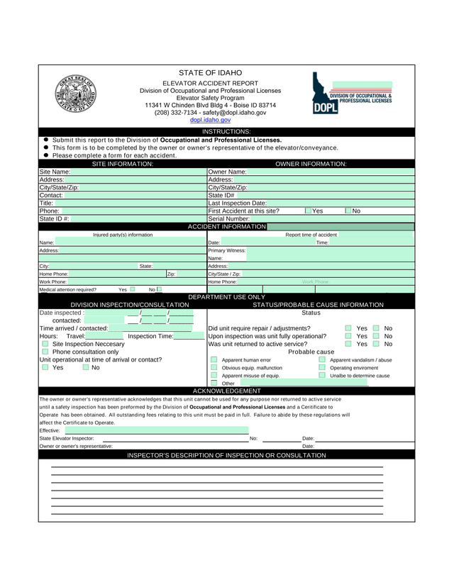 STATE OF IDAHO ELEVATOR ACCIDENT REPORT screenshot