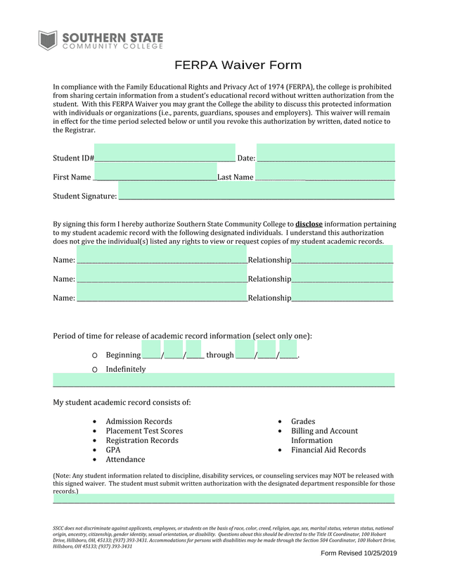 FERPA Waiver Form screenshot