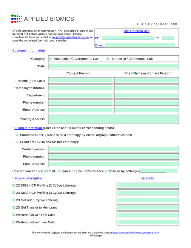 HCP Service Order Form screenshot