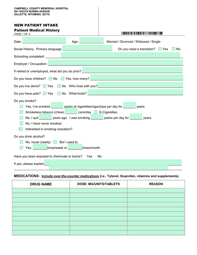New Patient Intake Patient Medical History screenshot