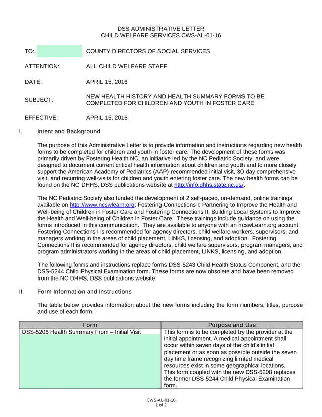 DSS Administrative Letter CWS AL 01 16 screenshot