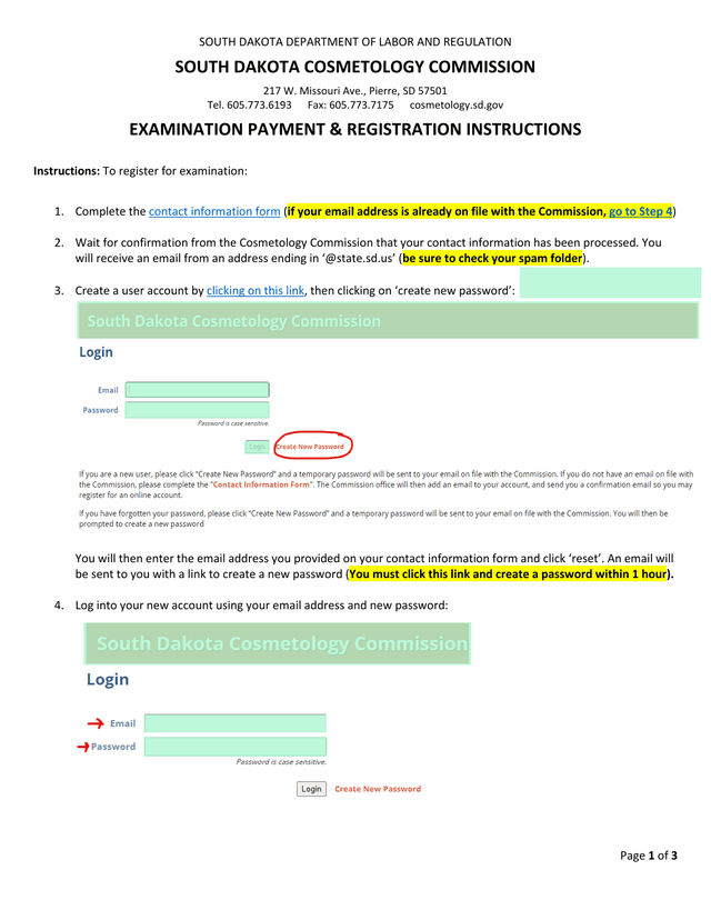 EXAMINATION PAYMENT  REGISTRATION INSTRUCTIONS screenshot