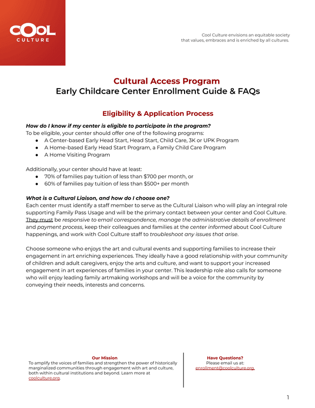 Cultural Access Program Early Childcare Center Enrollment Guide  FAQs screenshot