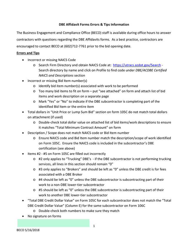 DBE Affidavit Forms Errors  Tips Information screenshot