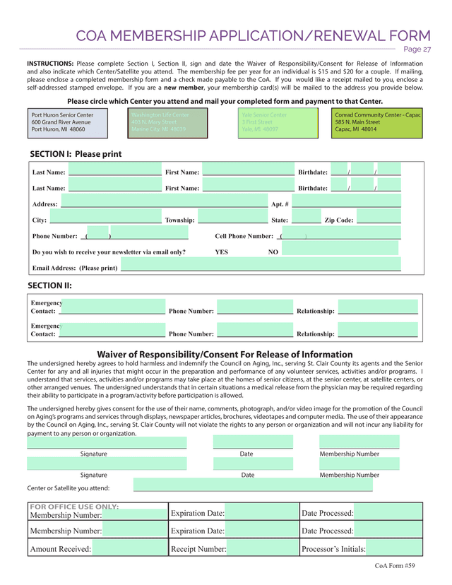 COA Membership ApplicationRenewal Form screenshot