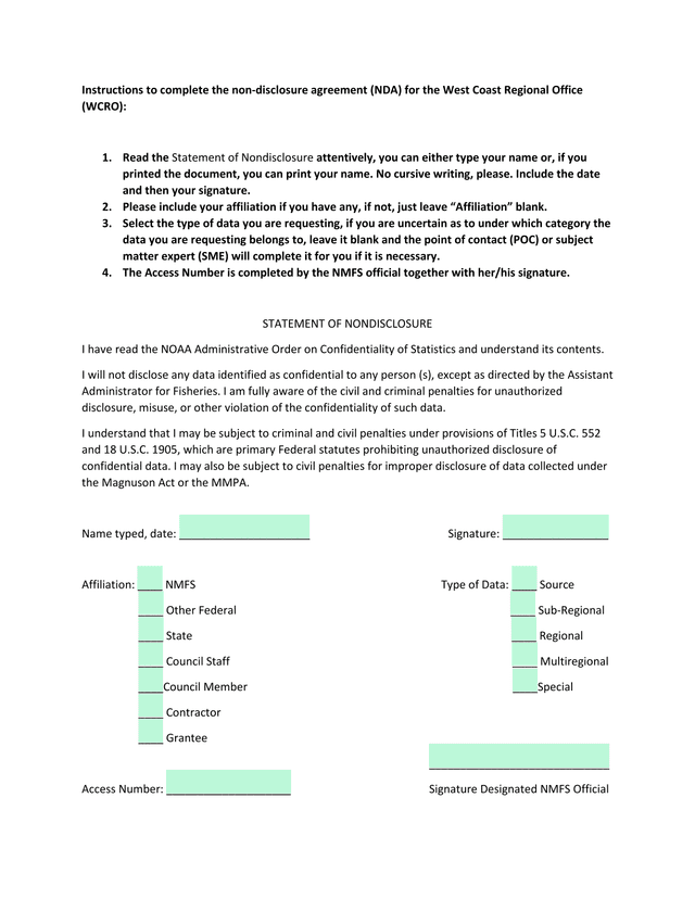 Non Disclosure Agreement (NDA) For West Coast Regional Office screenshot