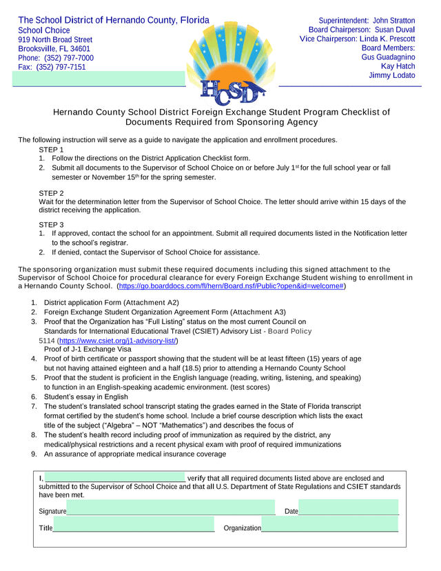 Hernando County School District Foreign Exchange Student Program Checklist Of Documents Required Fro screenshot