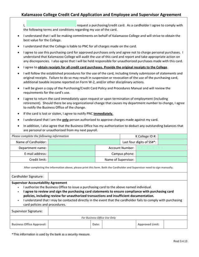 Kalamazoo College Credit Card Application And Employee And Supervisor Agreement screenshot
