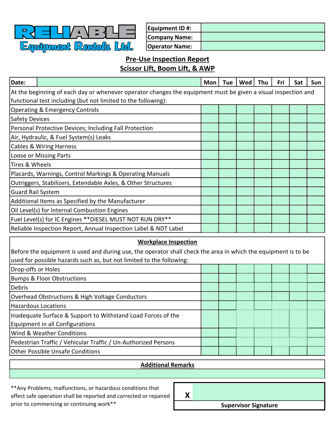 Pre Use Inspection Report screenshot