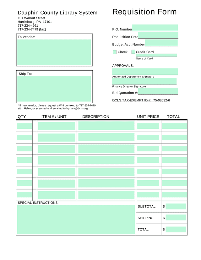 Dauphin County Library System Requisition Form screenshot