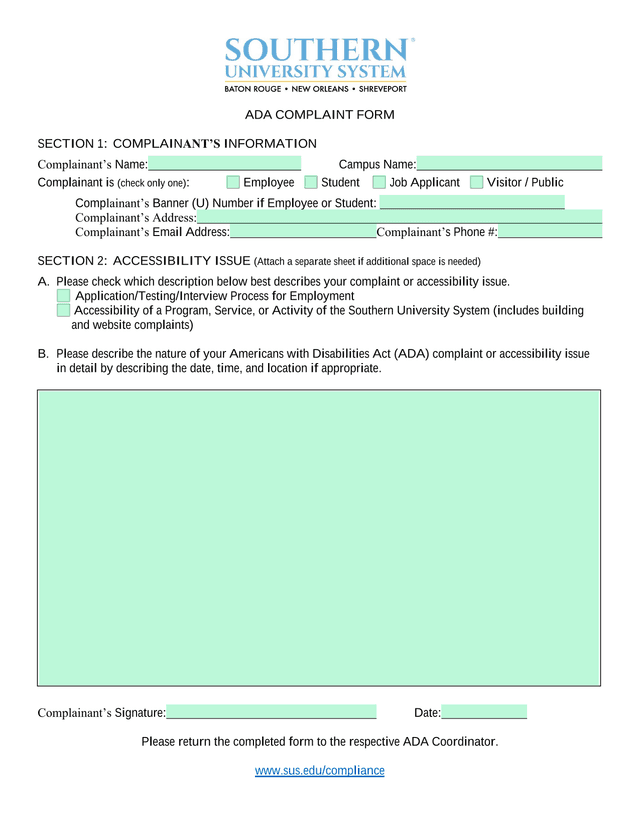ADA Complaint Form screenshot