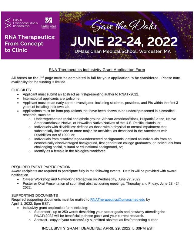 RNA Therapeutics Inclusivity Grant Application Form screenshot