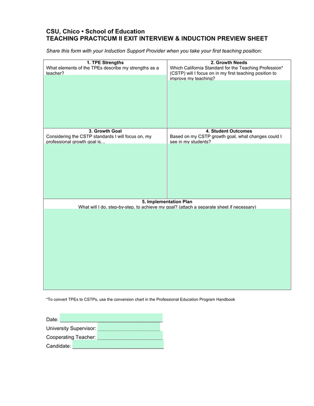 Teaching Practicum II Exit Interview  Induction Preview Sheet screenshot