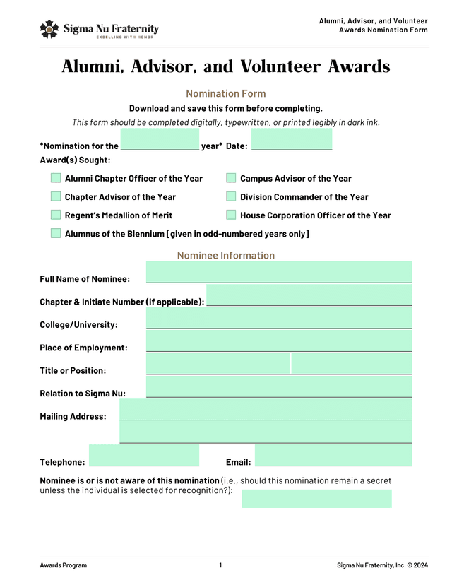 Alumni, Advisor, And Volunteer Awards Nomination Form screenshot