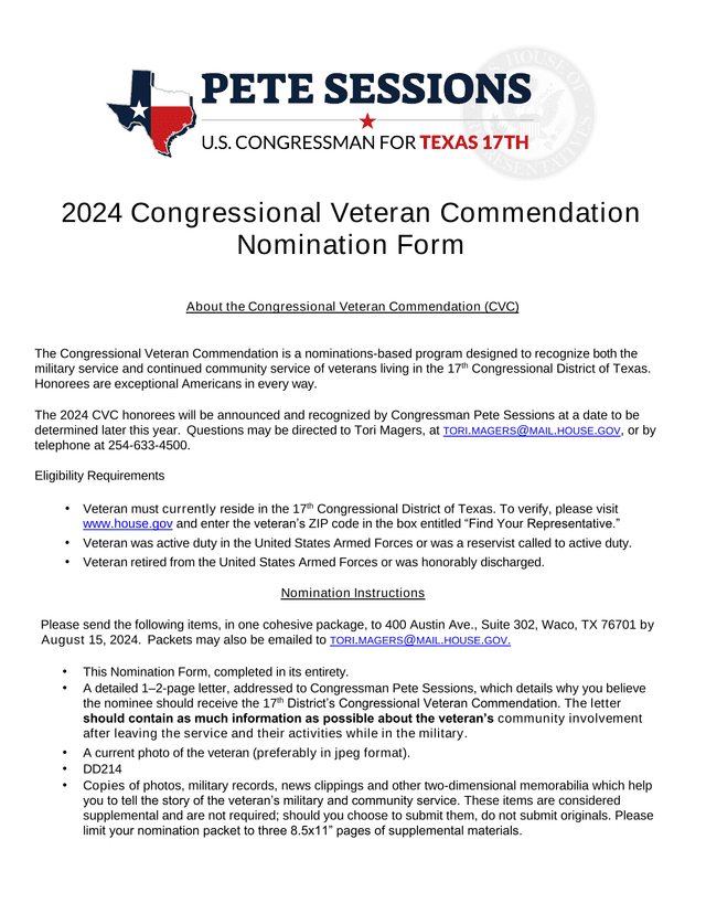 2024 Congressional Veteran Commendation Nomination Form screenshot
