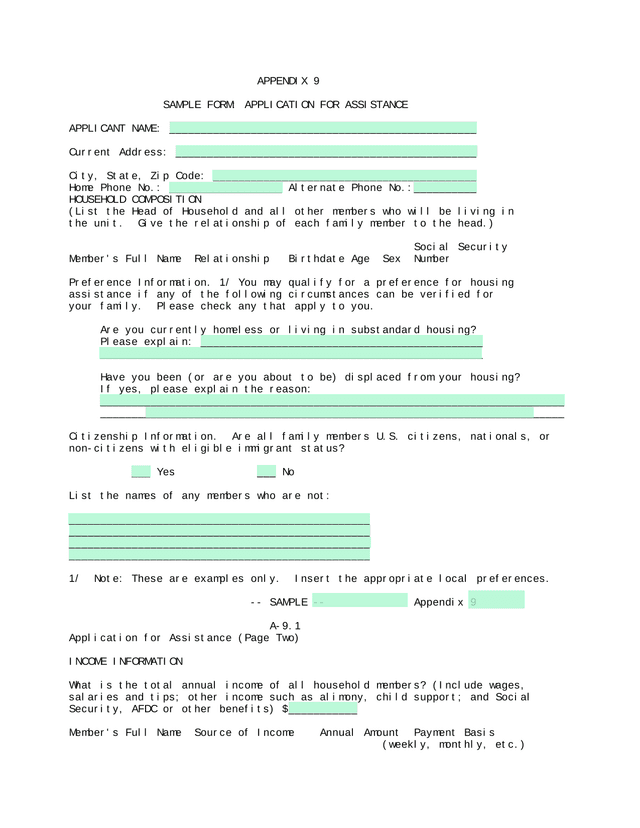 Sample Form Application For Assistance screenshot