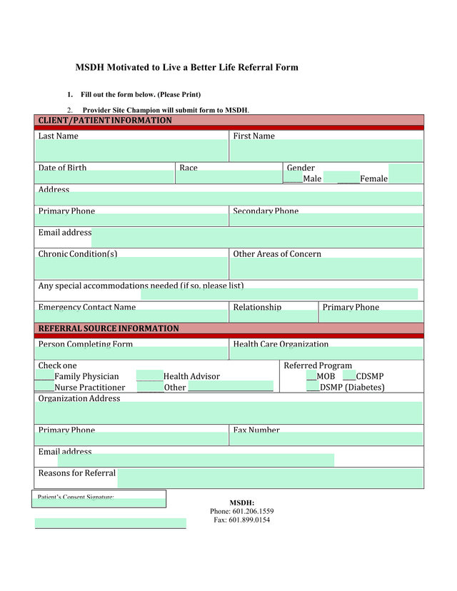 MSDH Motivated To Live A Better Life Referral Form screenshot