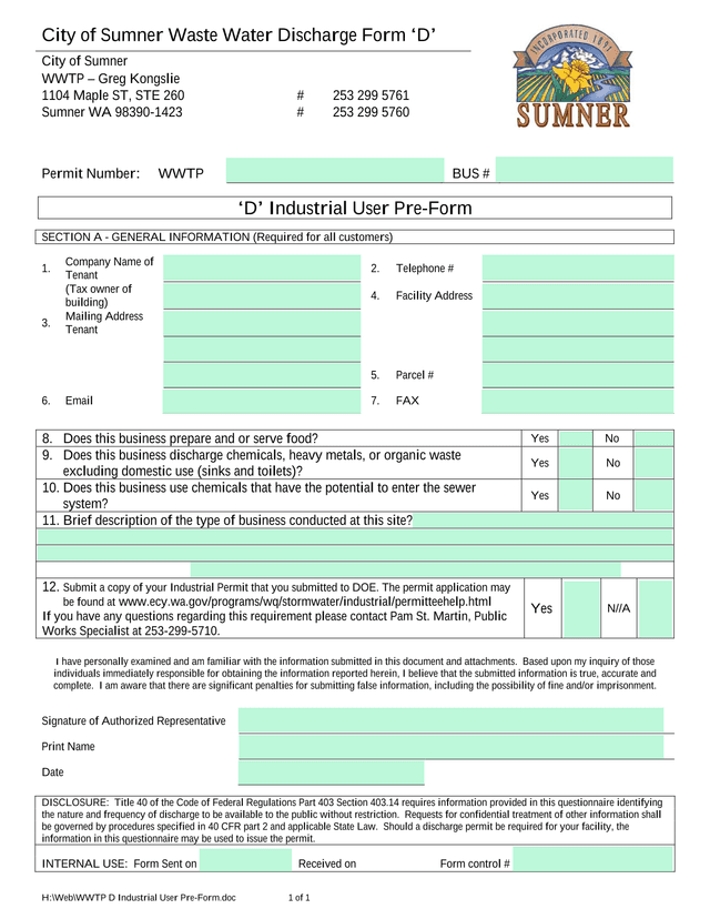 City Of Sumner Waste Water Discharge Form D screenshot