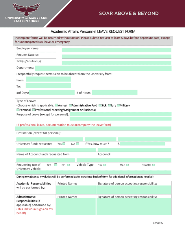 Academic Affairs Personnel LEAVE REQUEST FORM screenshot