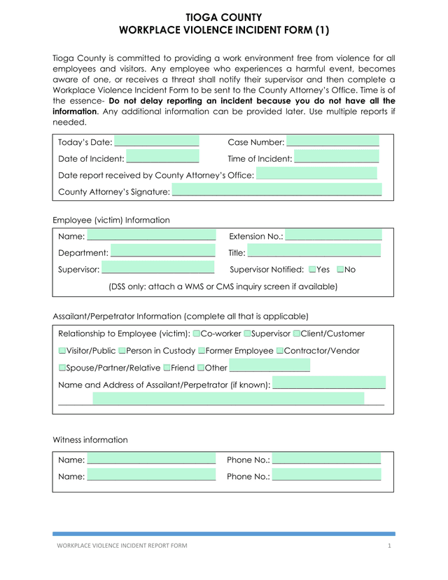 Tioga County Workplace Violence Incident Form screenshot