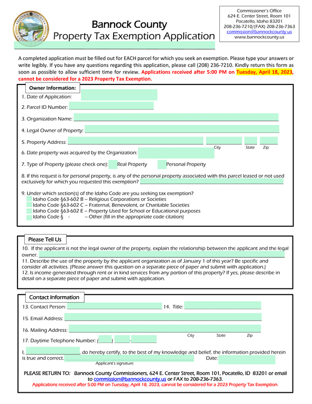 Bannock County Property Tax Exemption Application screenshot