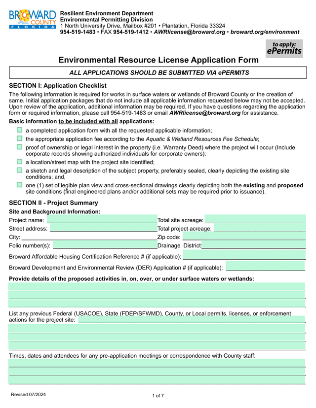 Environmental Resource License Application Form screenshot