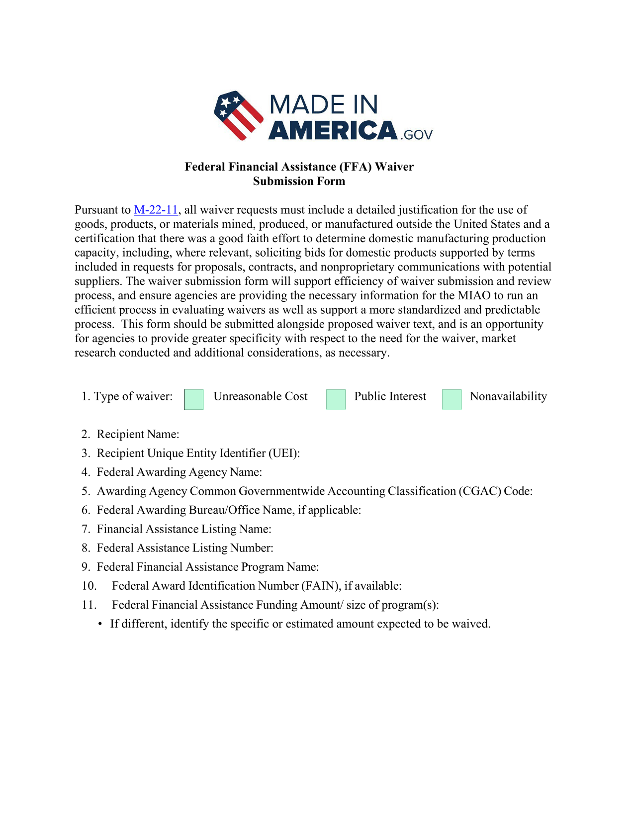 Federal Financial Assistance (FFA) Waiver Submission Form screenshot