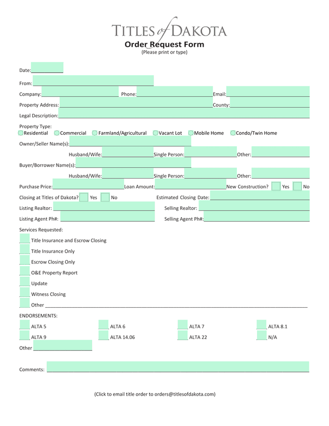 Order Request Form screenshot