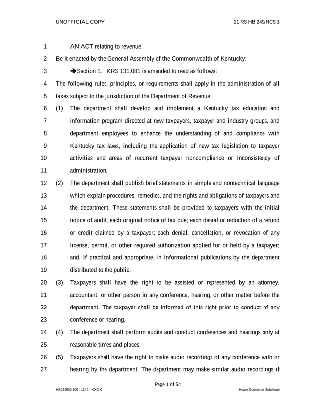 HB 249 House Committee Substitute screenshot
