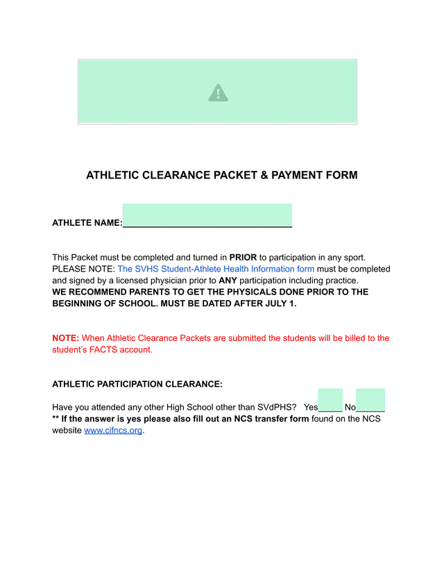 ATHLETIC CLEARANCE PACKET  PAYMENT FORM screenshot