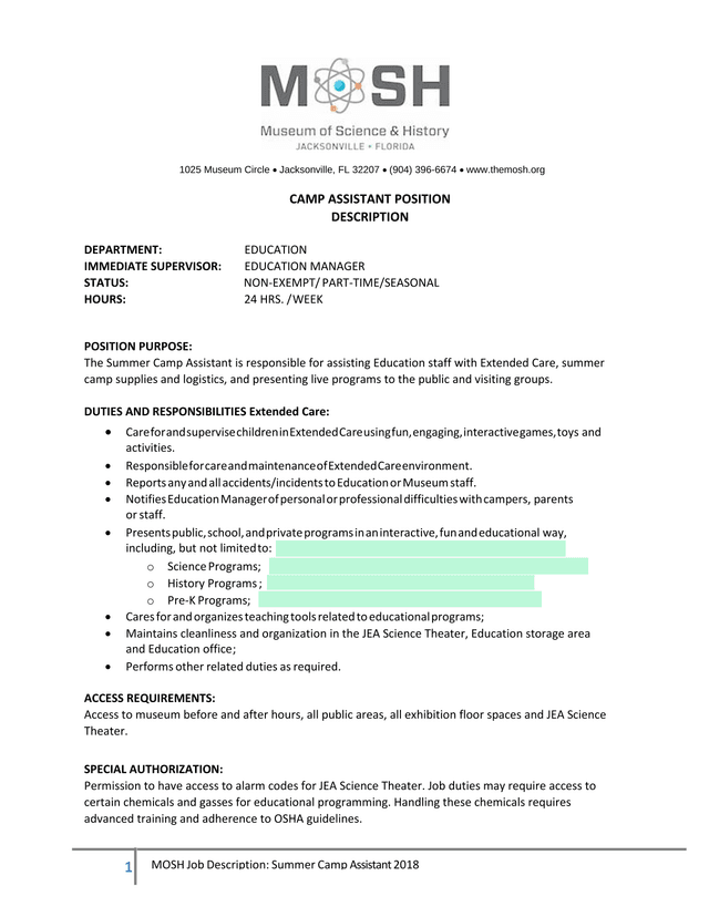 Camp Assistant Position Description screenshot