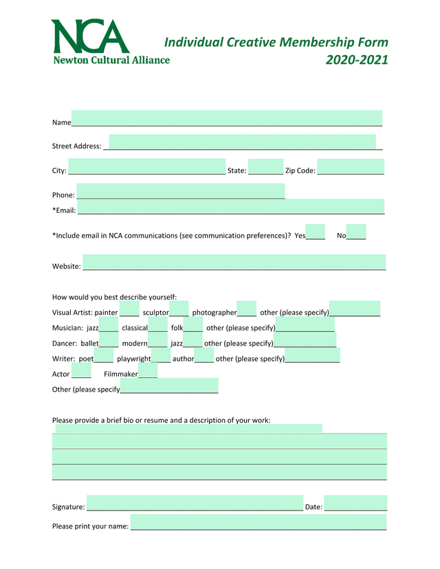Individual Creative Membership Form screenshot
